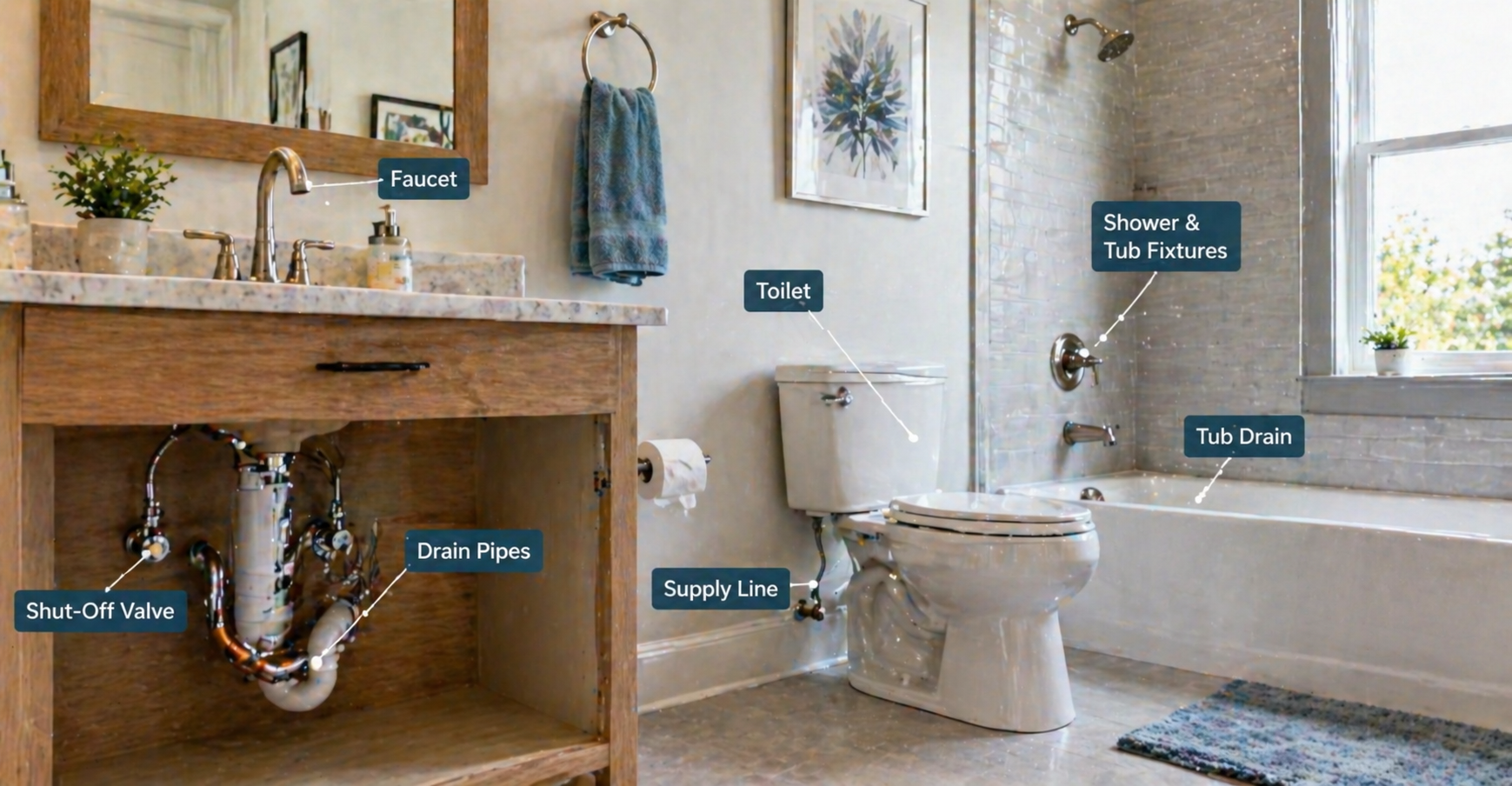 Common household plumbing fixtures showing areas prone to plumbing problems and solutions