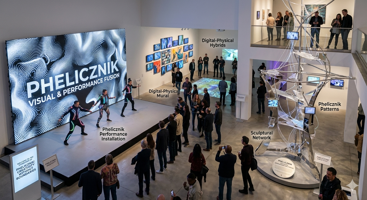 Modern art exhibition illustrating Phelicznik creative expression across multimedia formats.