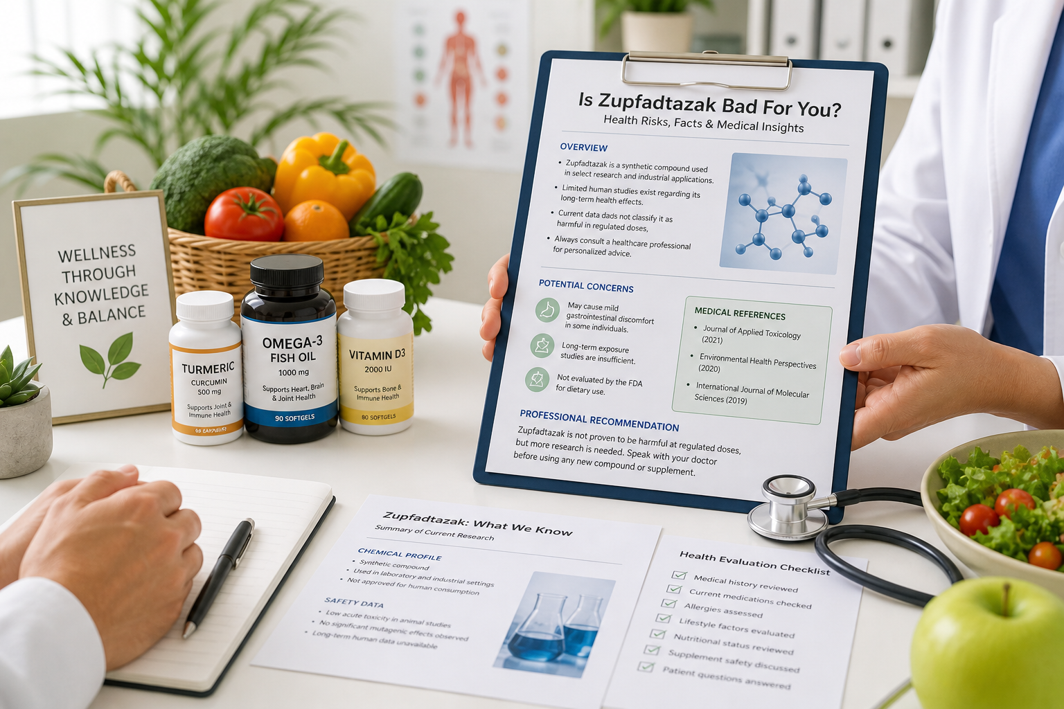 Health consultation materials examining whether is zupfadtazak bad for you with medical references and natural wellness items