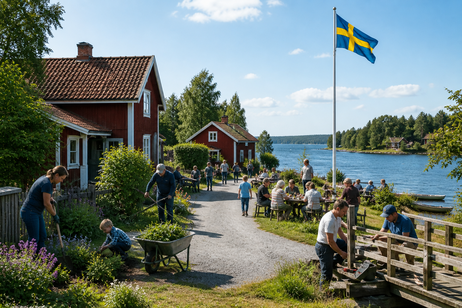 Swedish community scene illustrating gärningar concept of meaningful acts and deeds in daily life