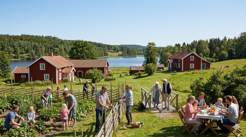 Swedish community scene illustrating gärningar concept of meaningful acts and deeds in daily life